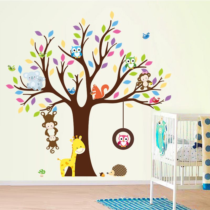 Cartoon Animal Monkey Owl Tree Wallpaper Wall Stickers for Home/Kids Room/Children Bedroom/Kindergarten Classroom Decoration