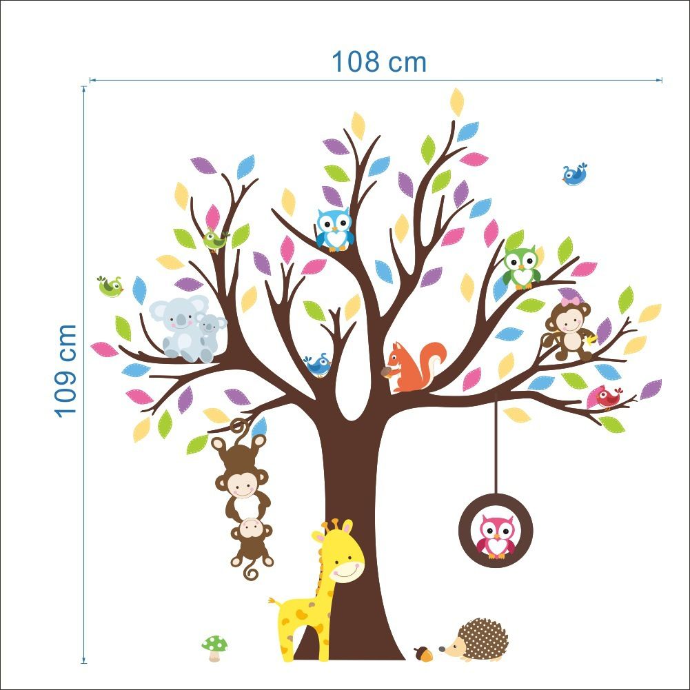 Cartoon Animal Monkey Owl Tree Wallpaper Wall Stickers for Home/Kids Room/Children Bedroom/Kindergarten Classroom Decoration