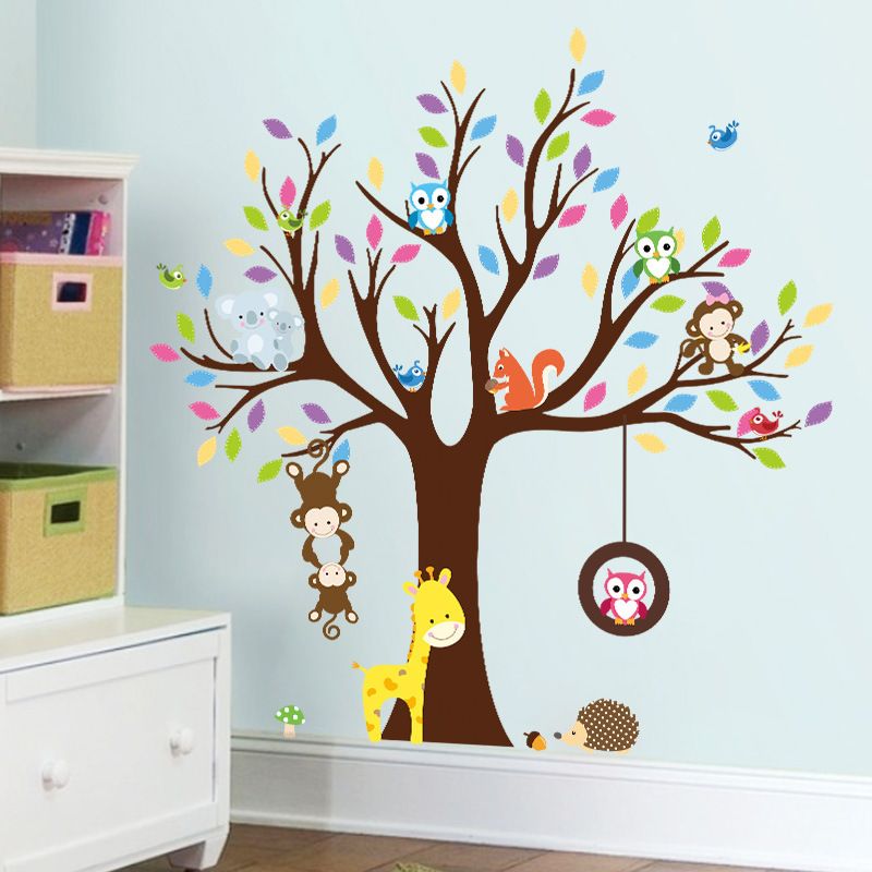 Cartoon Animal Monkey Owl Tree Wallpaper Wall Stickers for Home/Kids Room/Children Bedroom/Kindergarten Classroom Decoration