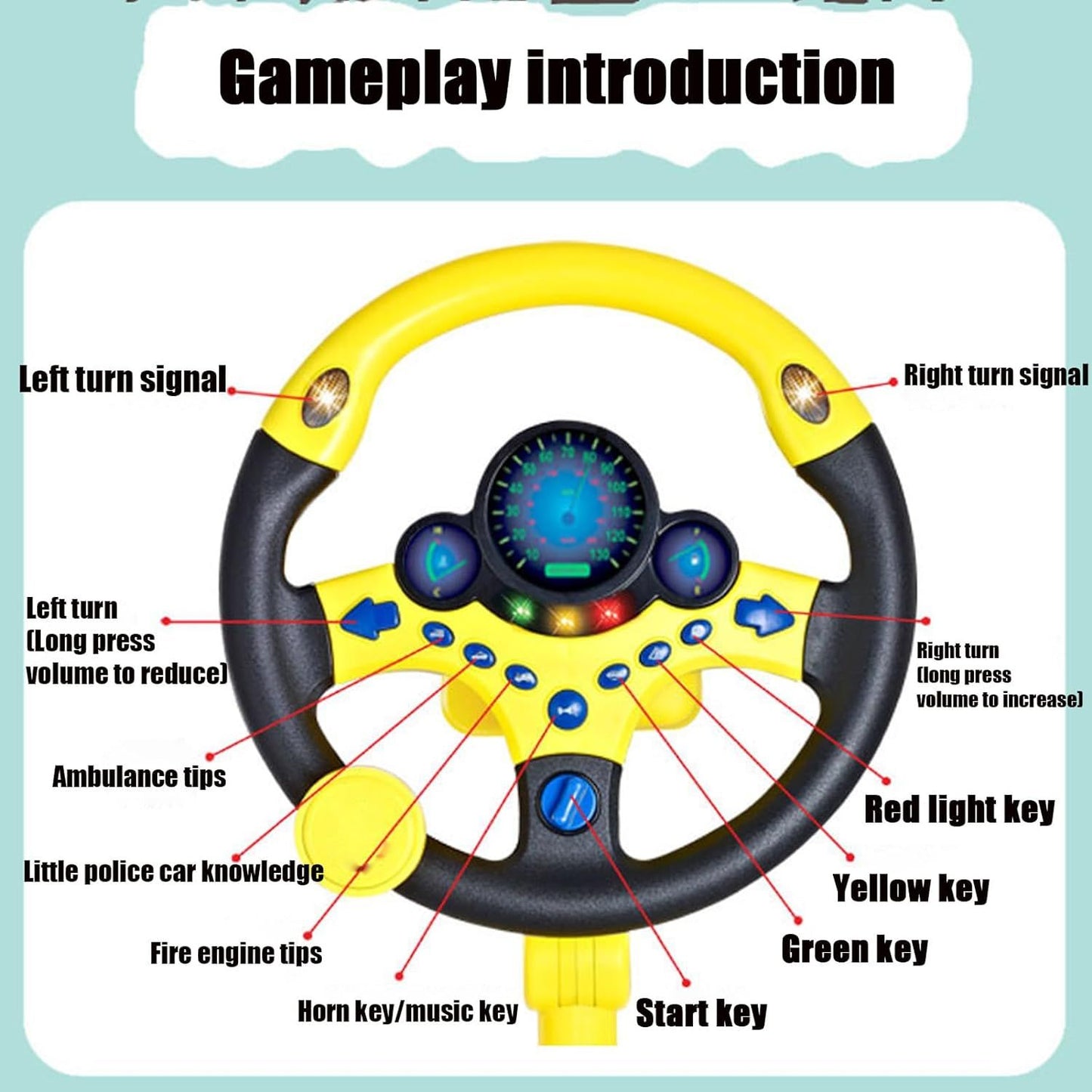 Steering Wheel Driving Toy, Simulated Steering Wheel for Kids, Electric Car Steering Wheel Toys, Copilots Simulated Toy (Yellow)