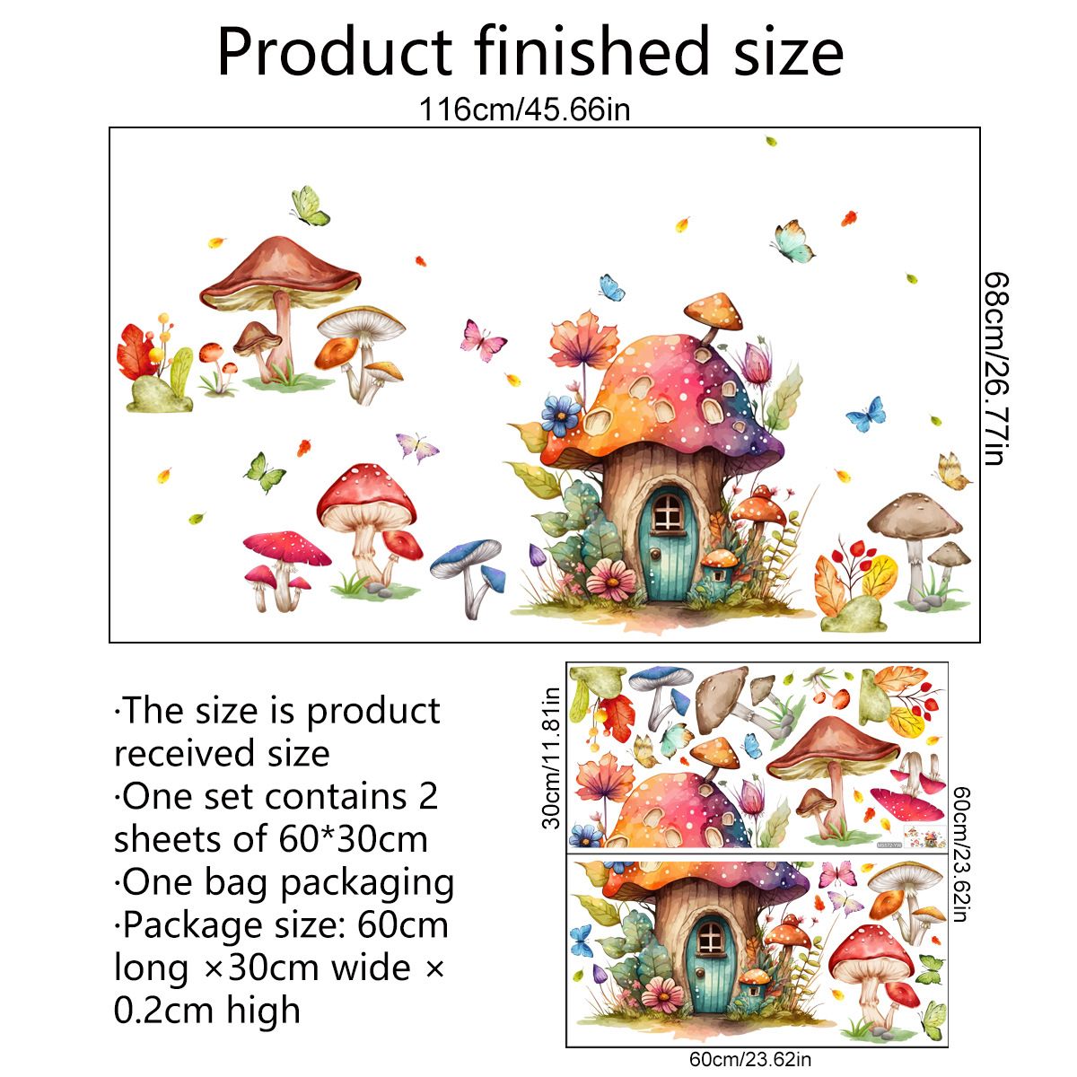 Fairytale Butterfly Mushroom Wall Stickers Girls Bedroom Living Room Kitchen Wall Door Decor （1 pcs）