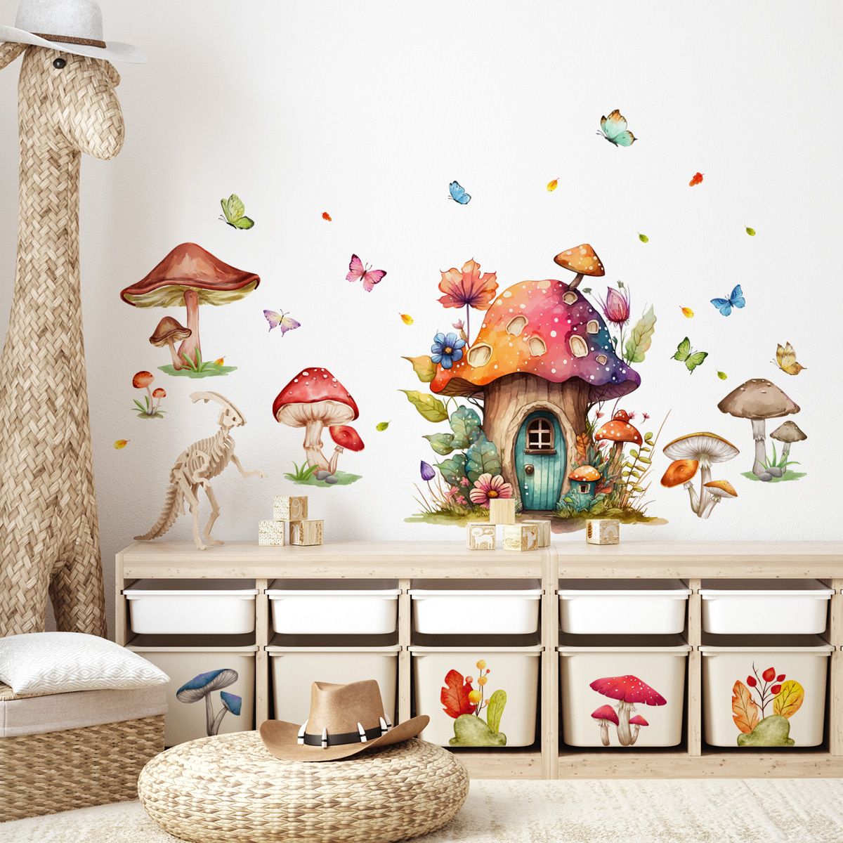 Fairytale Butterfly Mushroom Wall Stickers Girls Bedroom Living Room Kitchen Wall Door Decor （1 pcs）