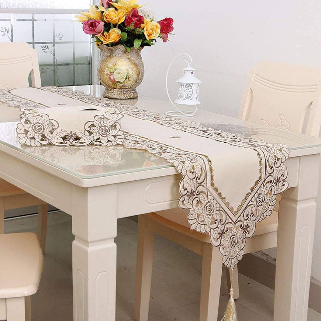 15" X 69" Vintage Flower Embroidered Table Runner, Classic Polyester Lace Cream Floral Dresser Scarves Party Dining Coffee Table