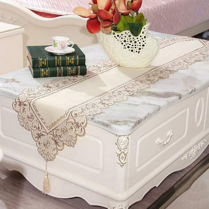 15" X 69" Vintage Flower Embroidered Table Runner, Classic Polyester Lace Cream Floral Dresser Scarves Party Dining Coffee Table