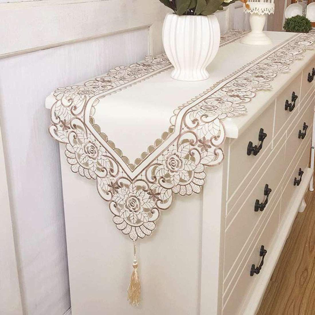 15" X 69" Vintage Flower Embroidered Table Runner, Classic Polyester Lace Cream Floral Dresser Scarves Party Dining Coffee Table