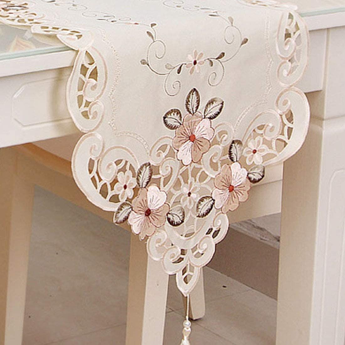 15" X 58" Classic Table Runner, Flower Embroidery Vintage Lace Cream Beige Polyester Fabric Dresser Scarves