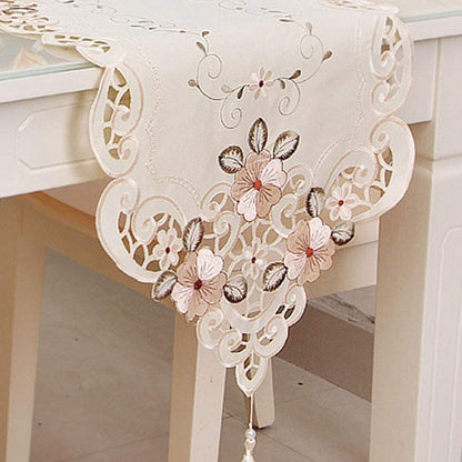 15" X 58" Classic Table Runner, Flower Embroidery Vintage Lace Cream Beige Polyester Fabric Dresser Scarves