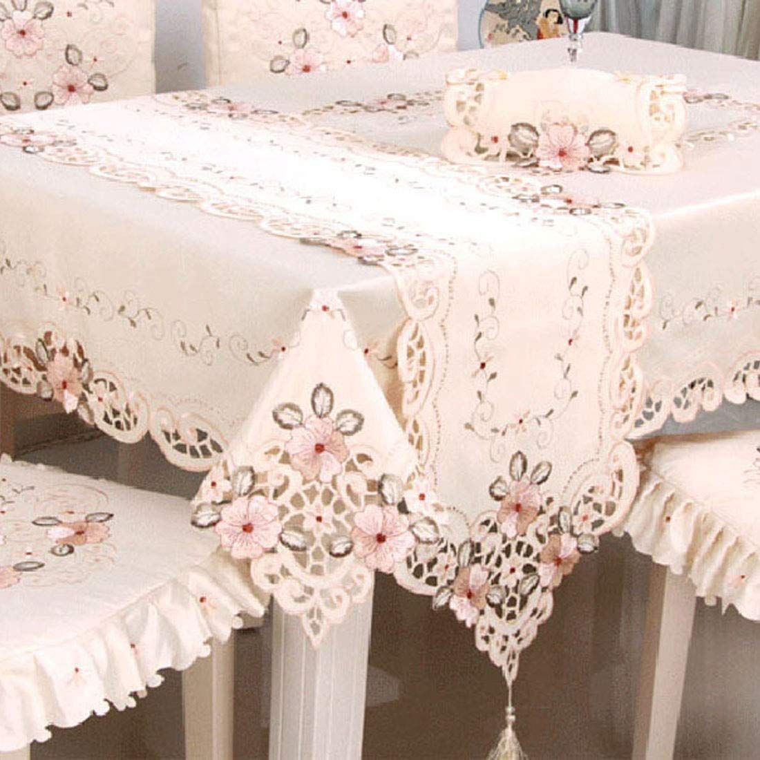 15" X 58" Classic Table Runner, Flower Embroidery Vintage Lace Cream Beige Polyester Fabric Dresser Scarves