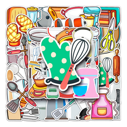 Kitchen Supplies Stickers - 50 Pcs Cartoon Waterproof Decals DIY for Party Supplies PVC Decoration for Laptop Guitar Gift to Teens