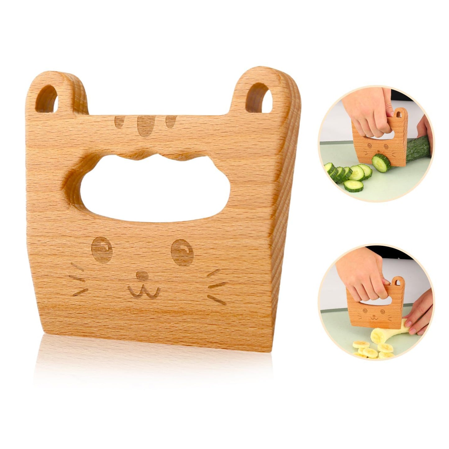 Wooden Kids Knife for Cooking and Cutting Fruits, Veggies &Cake, Cute Cat Shape Kids Kitchen Tools for Little Hands in The Kitchen
