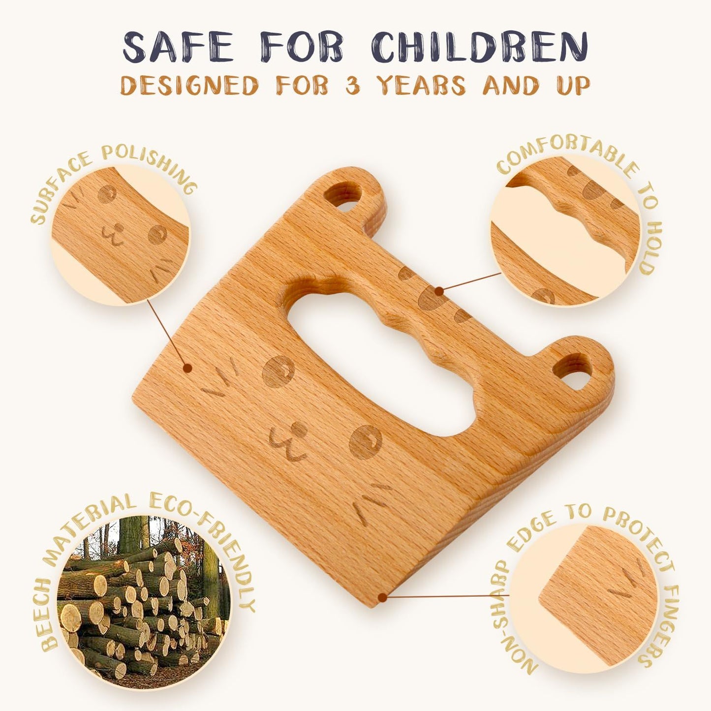 Wooden Kids Knife for Cooking and Cutting Fruits, Veggies &Cake, Cute Cat Shape Kids Kitchen Tools for Little Hands in The Kitchen