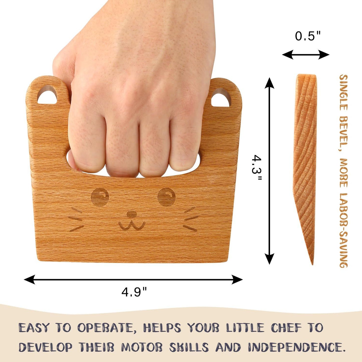 Wooden Kids Knife for Cooking and Cutting Fruits, Veggies &Cake, Cute Cat Shape Kids Kitchen Tools for Little Hands in The Kitchen