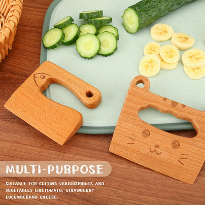Wooden Kids Knife for Cooking and Cutting Fruits, Veggies &Cake, Cute Cat Shape Kids Kitchen Tools for Little Hands in The Kitchen