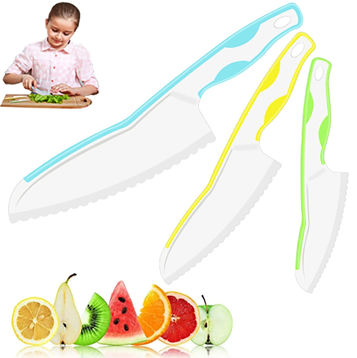 Kids Knife Set for Real Cooking, Premium 3-Piece Plastic Toddler Knife Set, Serrated Edges, 3 Sizes & Colors (Blue-Yellow-Green)