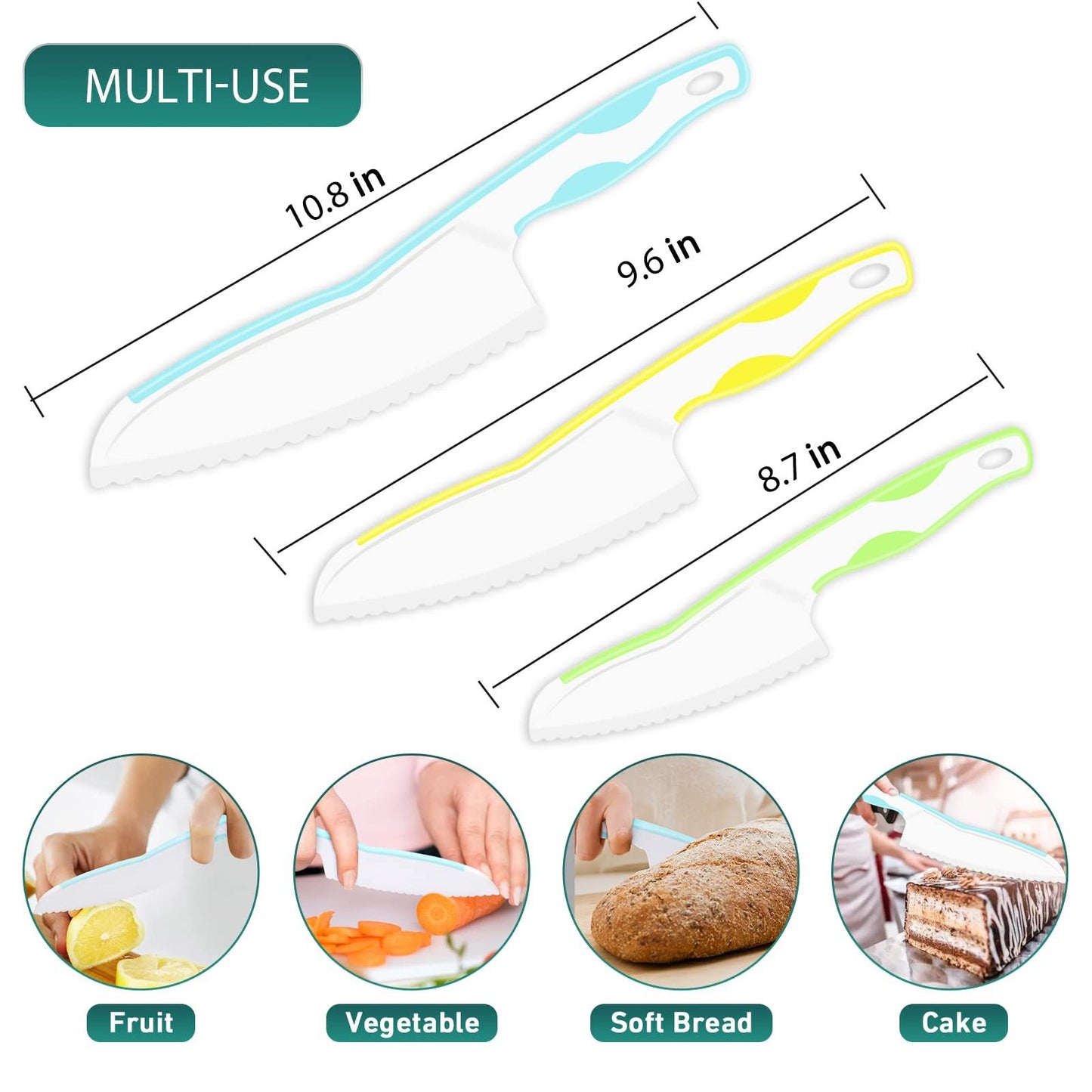 Kids Knife Set for Real Cooking, Premium 3-Piece Plastic Toddler Knife Set, Serrated Edges, 3 Sizes & Colors (Blue-Yellow-Green)