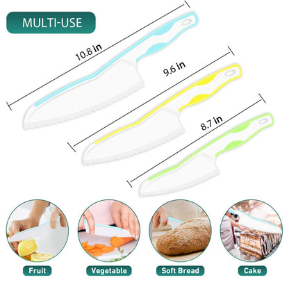 Kids Knife Set for Real Cooking, Premium 3-Piece Plastic Toddler Knife Set, Serrated Edges, 3 Sizes & Colors (Blue-Yellow-Green)