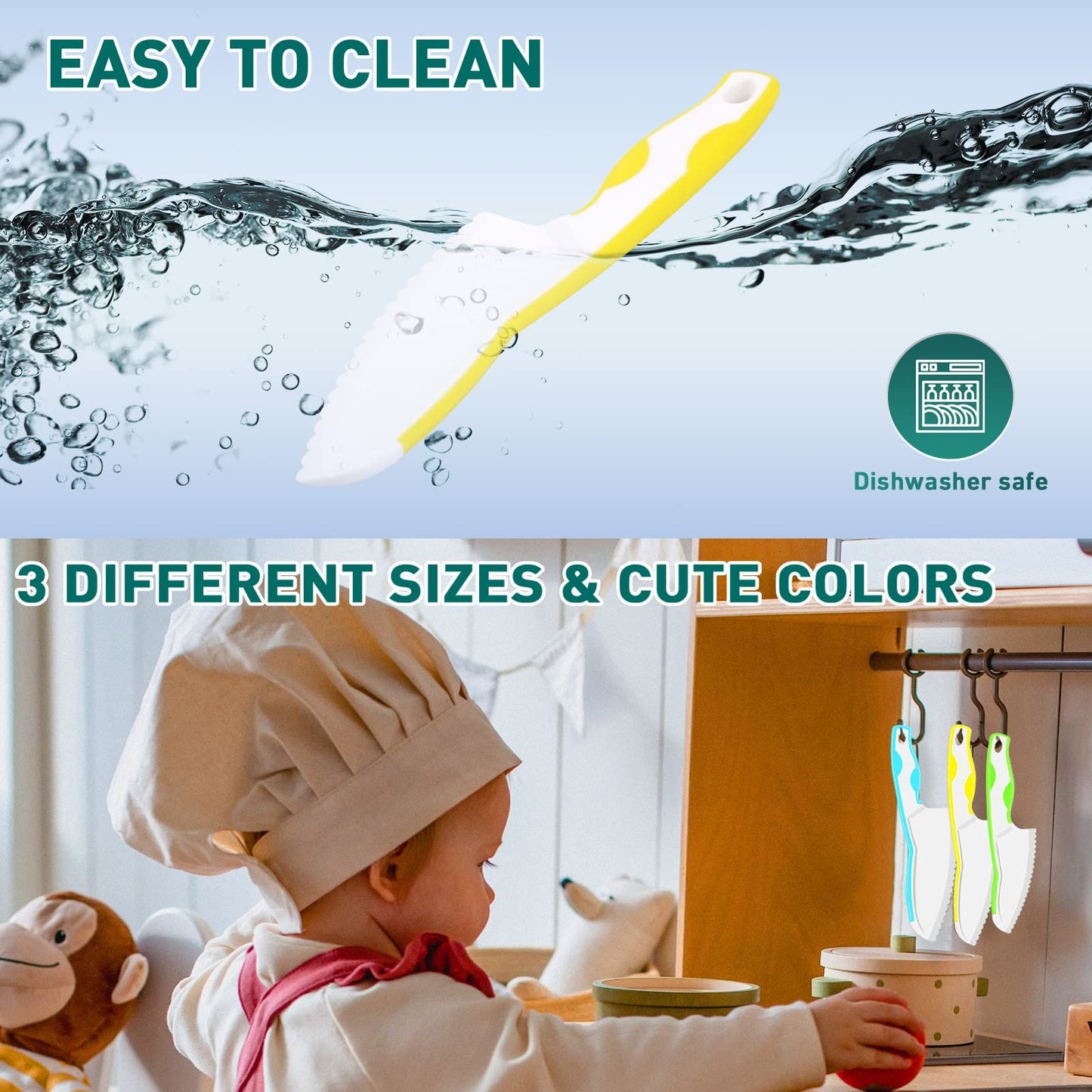 Kids Knife Set for Real Cooking, Premium 3-Piece Plastic Toddler Knife Set, Serrated Edges, 3 Sizes & Colors (Blue-Yellow-Green)