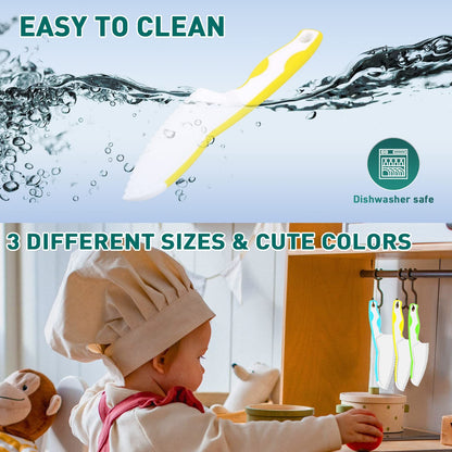 Kids Knife Set for Real Cooking, Premium 3-Piece Plastic Toddler Knife Set, Serrated Edges, 3 Sizes & Colors (Blue-Yellow-Green)