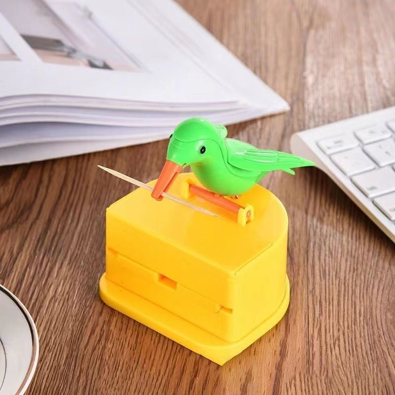 Toothpick Dispenser Storage Jar,Living Room Bird Shaped Telescopic Cartoon Automatic Toothpick Holder Container Box(Green Bird)