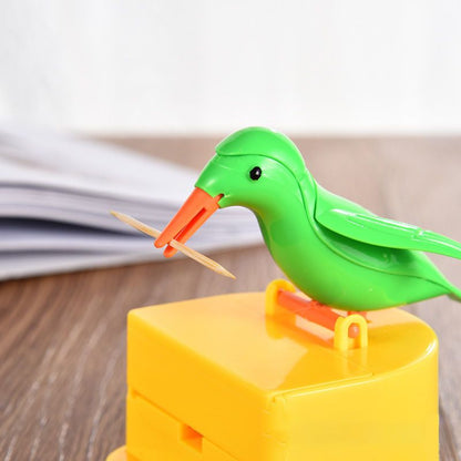Toothpick Dispenser Storage Jar,Living Room Bird Shaped Telescopic Cartoon Automatic Toothpick Holder Container Box(Green Bird)