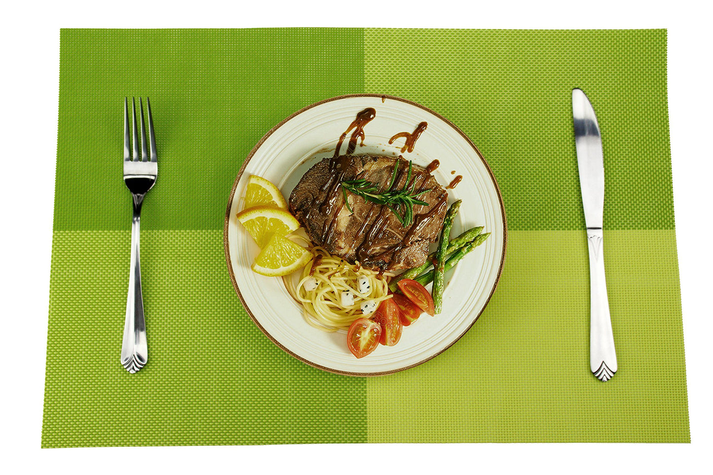 Deluxe PVC Woven Vinyl Non-Slip Heat-Resistant Grid Green Placemats Kitchen Dining Party Environmental Table Mats Place (Green, 6)
