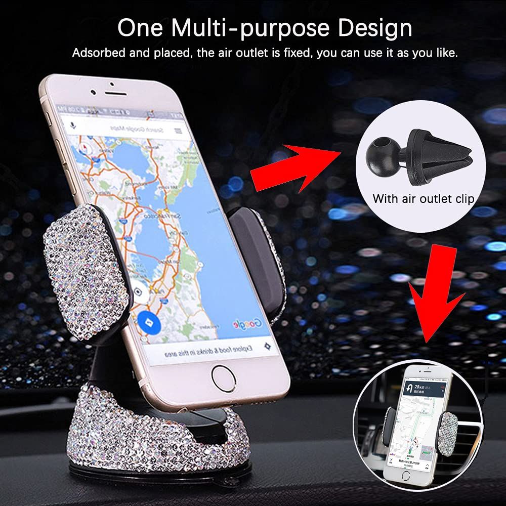Cell Phone Holder, 360°Adjustable Phone Mount with One More Air Vent Base, Crystal Car Interior Decoration