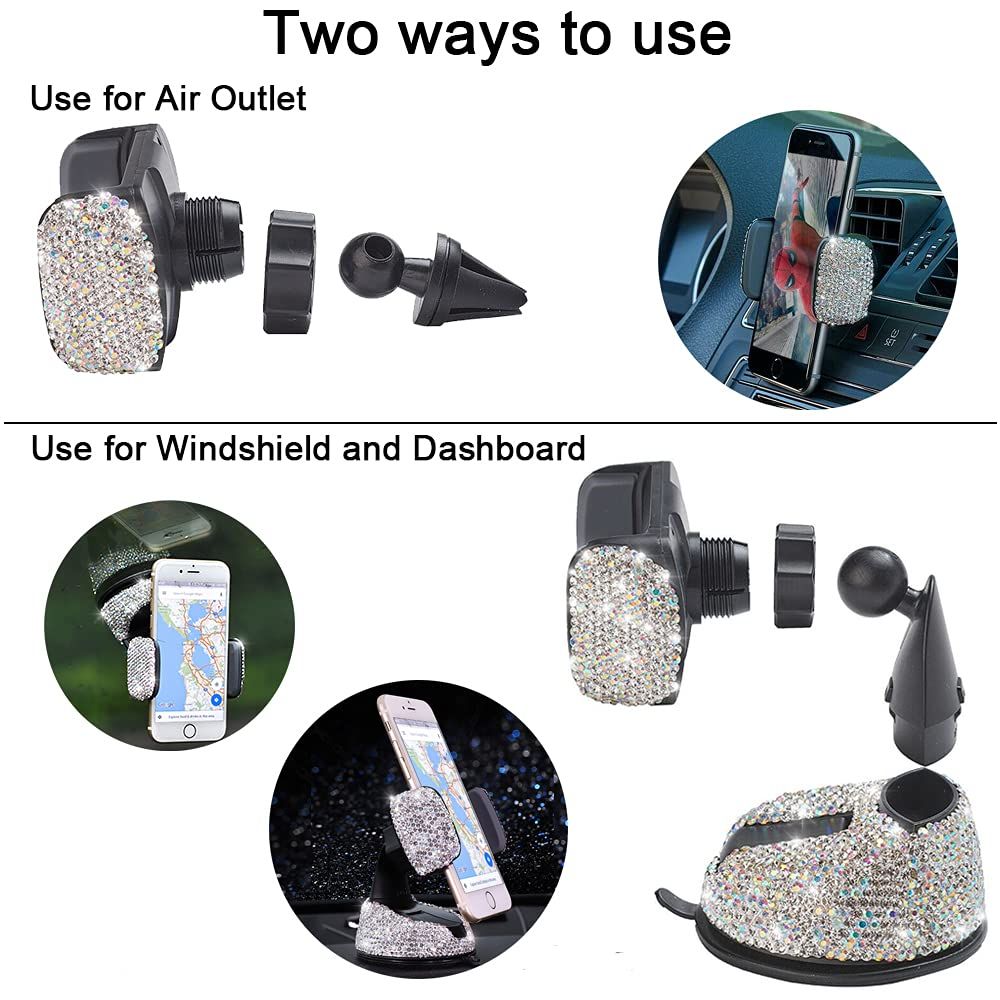 Cell Phone Holder, 360°Adjustable Phone Mount with One More Air Vent Base, Crystal Car Interior Decoration