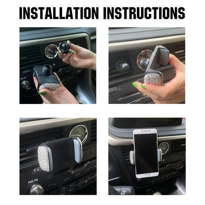 Cell Phone Holder, 360°Adjustable Phone Mount with One More Air Vent Base, Crystal Car Interior Decoration