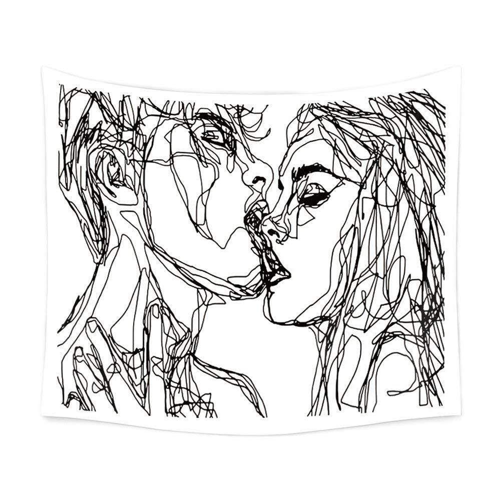 Women/Men Abstract Sketch Art Kiss Lovers Tapestry/Kissing Tapestry Wall Hanging Black and White Line Art Tapestry
