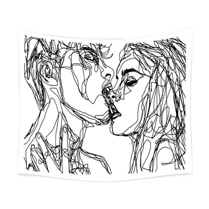 Women/Men Abstract Sketch Art Kiss Lovers Tapestry/Kissing Tapestry Wall Hanging Black and White Line Art Tapestry