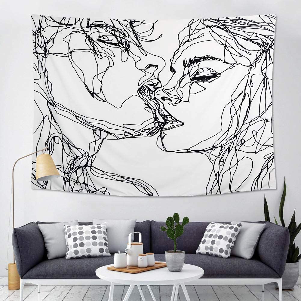 Women/Men Abstract Sketch Art Kiss Lovers Tapestry/Kissing Tapestry Wall Hanging Black and White Line Art Tapestry