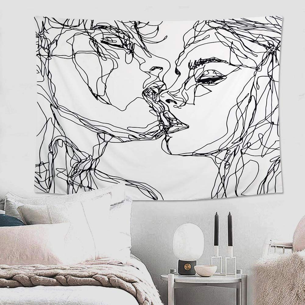Women/Men Abstract Sketch Art Kiss Lovers Tapestry/Kissing Tapestry Wall Hanging Black and White Line Art Tapestry