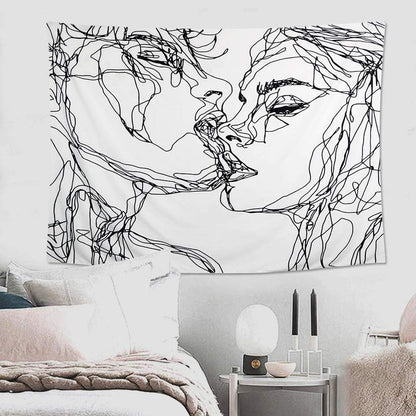 Women/Men Abstract Sketch Art Kiss Lovers Tapestry/Kissing Tapestry Wall Hanging Black and White Line Art Tapestry