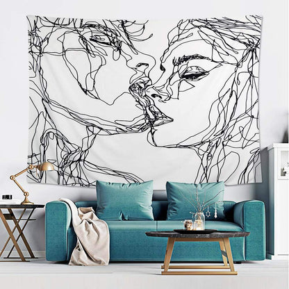 Women/Men Abstract Sketch Art Kiss Lovers Tapestry/Kissing Tapestry Wall Hanging Black and White Line Art Tapestry