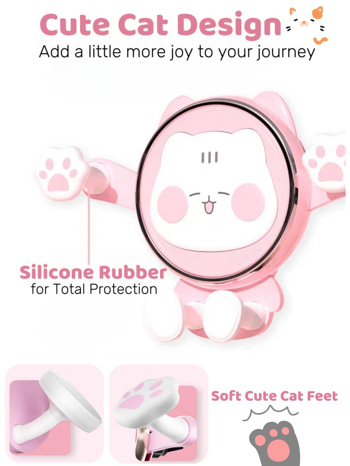 Cute Cat Phone Holder for Car, Animal Pink Phone Mount for Women, Air Vent, Universal 360° Adjustable Auto Stand