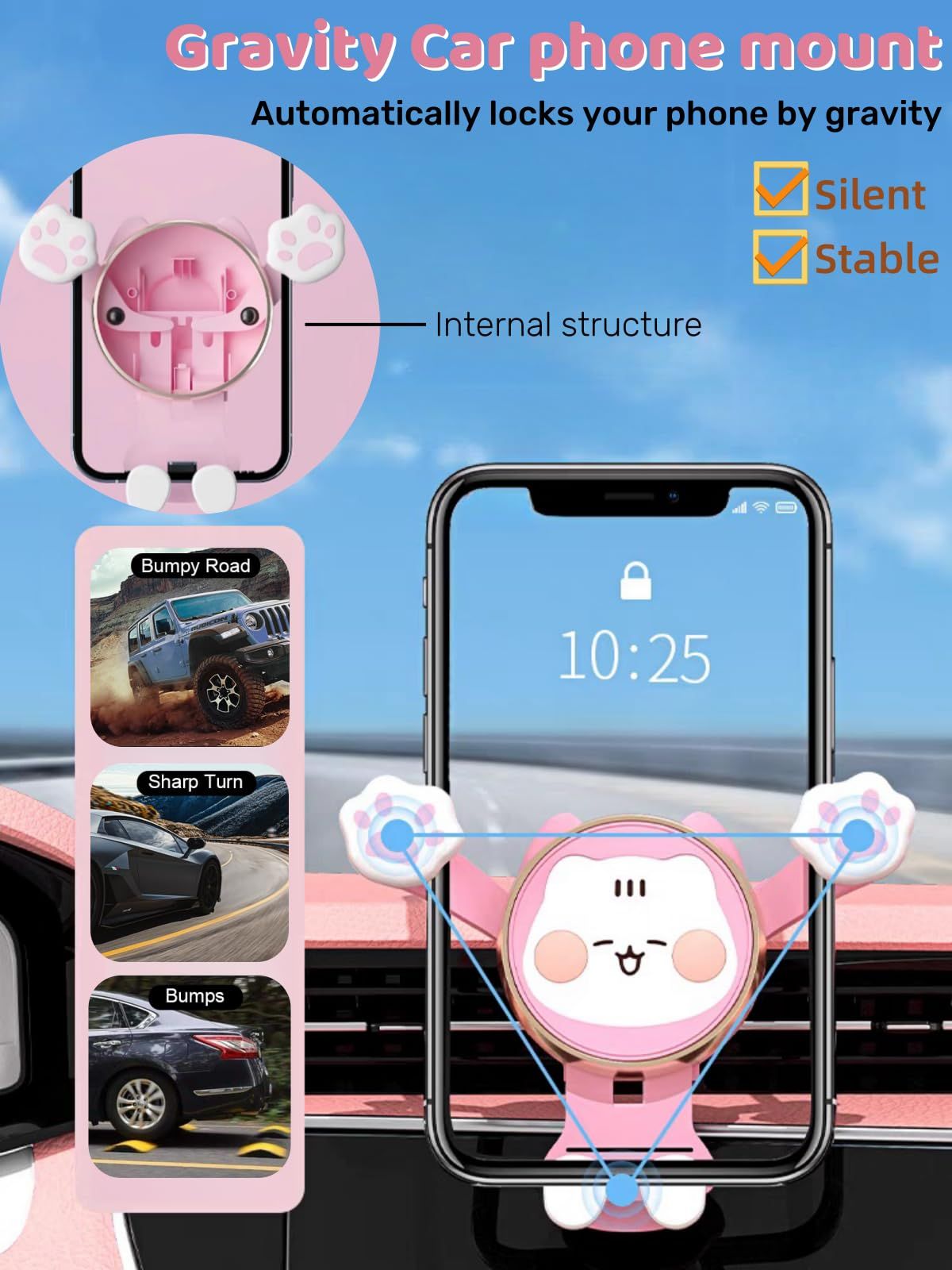 Cute Cat Phone Holder for Car, Animal Pink Phone Mount for Women, Air Vent, Universal 360° Adjustable Auto Stand