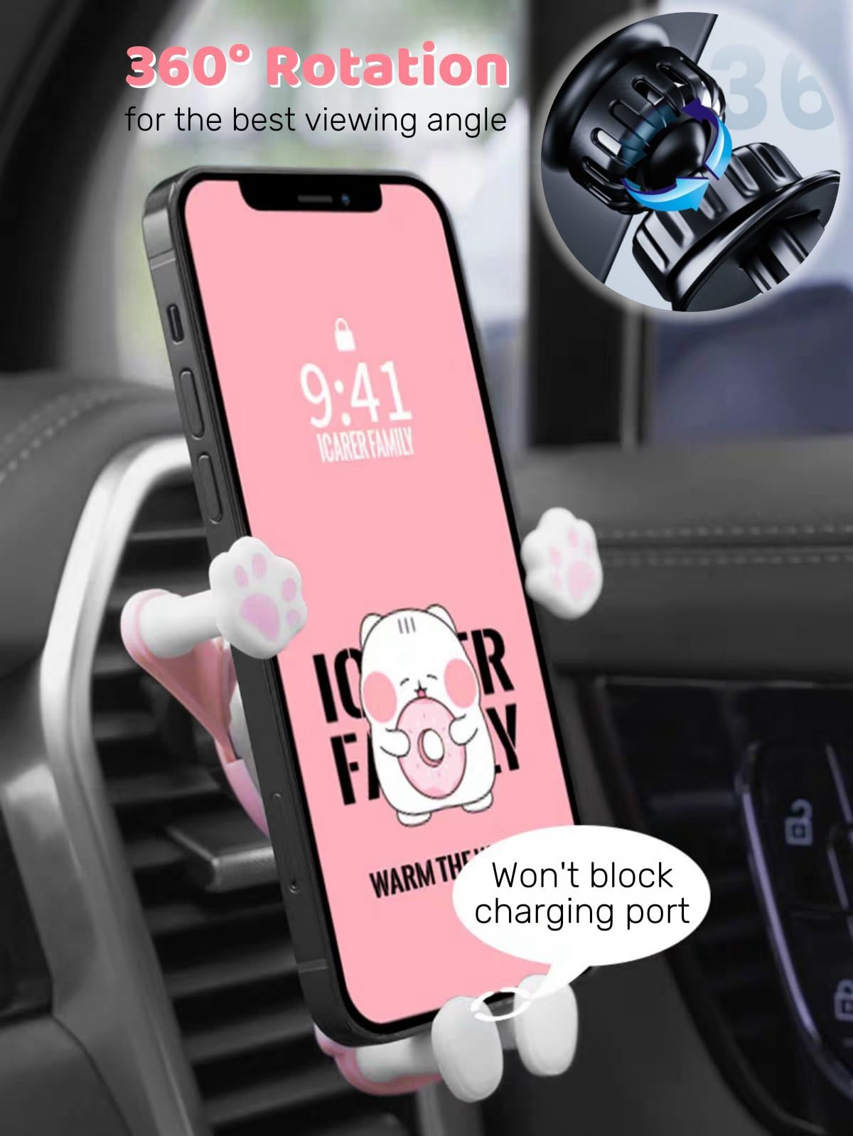 Cute Cat Phone Holder for Car, Animal Pink Phone Mount for Women, Air Vent, Universal 360° Adjustable Auto Stand