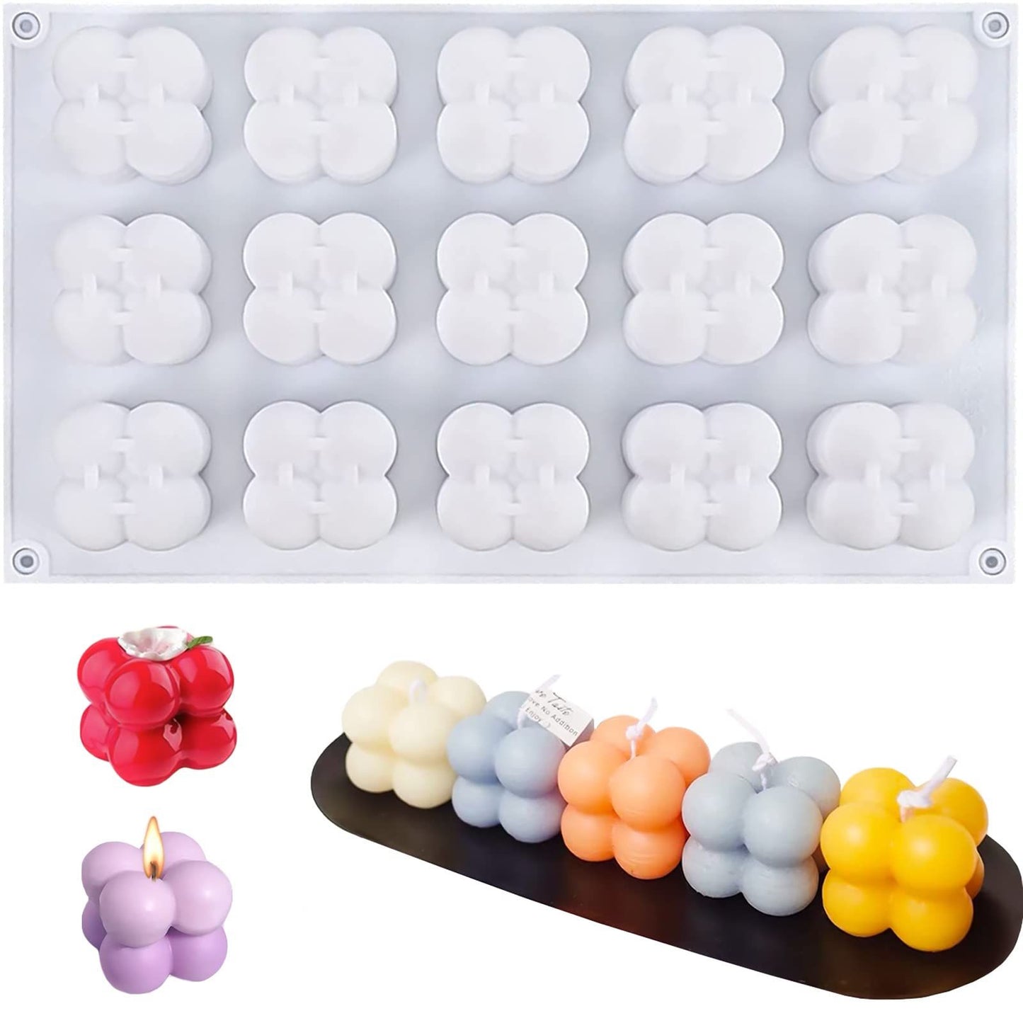 SILICANDO Bubble Candle Silicone Mold, 15 in1 Handmade Soy Wax Mold, 3D Mini Bubble Cube Ball Resin Candle Mold, Mousse Cake