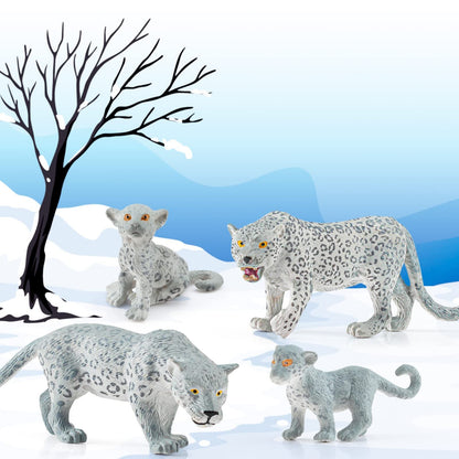 Wild Life Jungle Animal Model Figures Set 4 PCS Snow Leopard Family Forest Playset Birthday Party Favors Classrooms Gift Toys