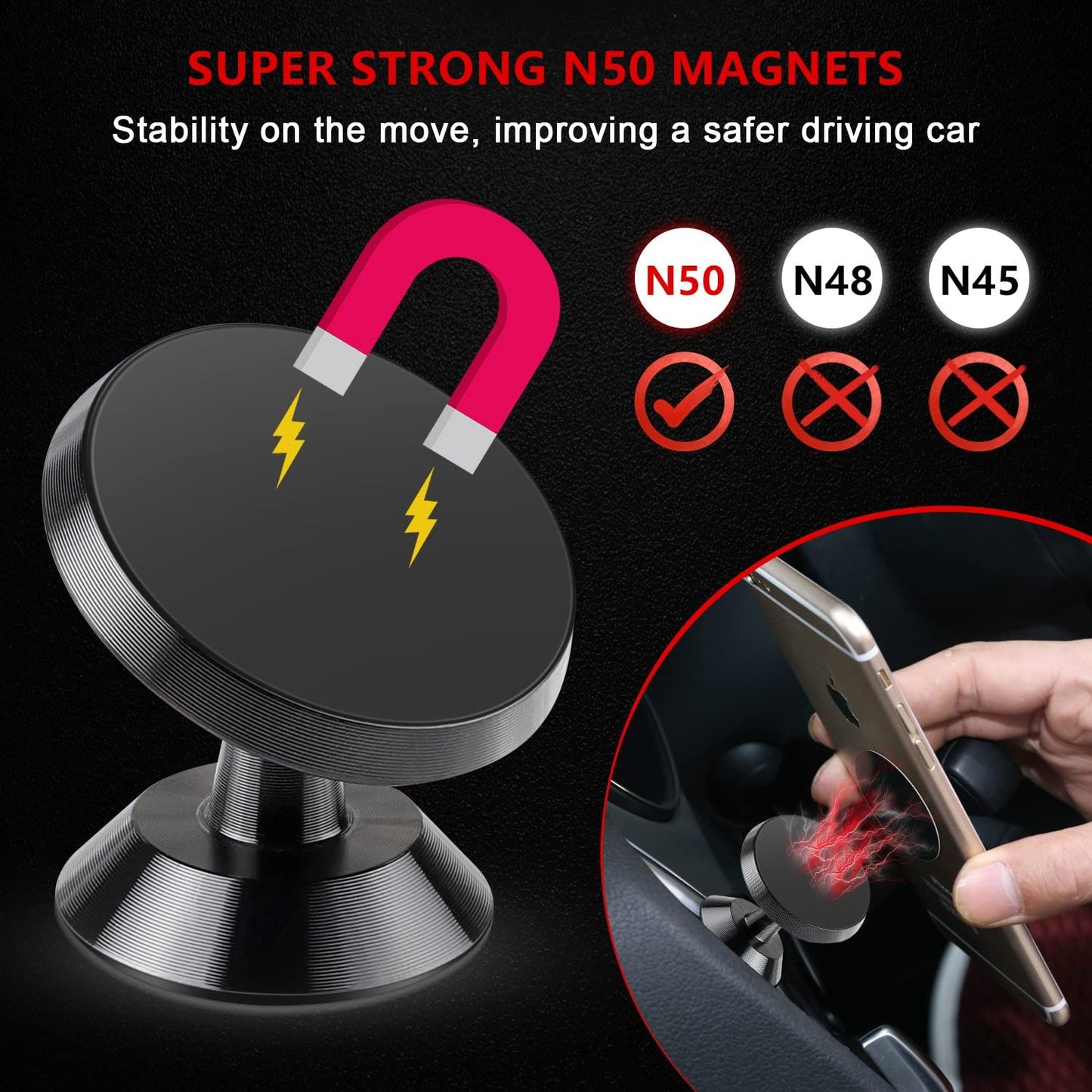 2 Pack Car Magnetic Phone Mount, Car Phone Holder for Dashboard, 360° Adjustable Magnet Cell Phone Mount Universal Dashboard Car
