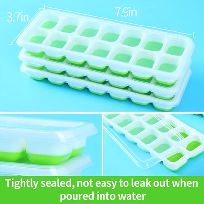 3 Pack, Reusable Silicone 14-Ice Cube Molds, Ice Tray with Spill-Resistant Removable Lid, for Whiskey and Cocktails (Green)