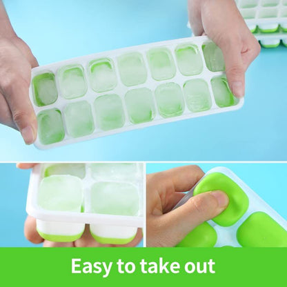 3 Pack, Reusable Silicone 14-Ice Cube Molds, Ice Tray with Spill-Resistant Removable Lid, for Whiskey and Cocktails (Green)