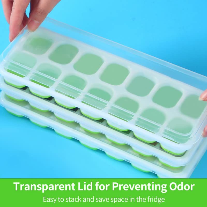 3 Pack, Reusable Silicone 14-Ice Cube Molds, Ice Tray with Spill-Resistant Removable Lid, for Whiskey and Cocktails (Green)