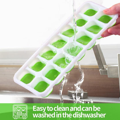 3 Pack, Reusable Silicone 14-Ice Cube Molds, Ice Tray with Spill-Resistant Removable Lid, for Whiskey and Cocktails (Green)