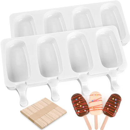 Popsicle Silicone Molds Set, 2 PCS Ice Cream Molds with 50 Wooden Sticks for Cake Pop, Ice Pop, Cakesicles, (Standard Size/White)