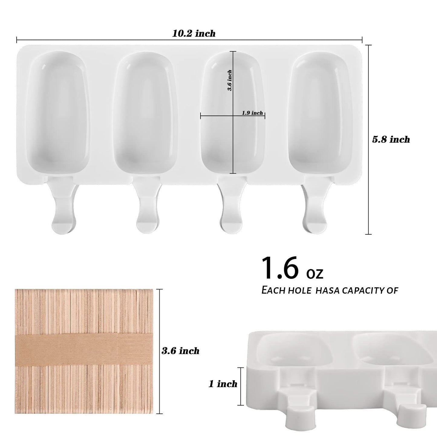 Popsicle Silicone Molds Set, 2 PCS Ice Cream Molds with 50 Wooden Sticks for Cake Pop, Ice Pop, Cakesicles, (Standard Size/White)
