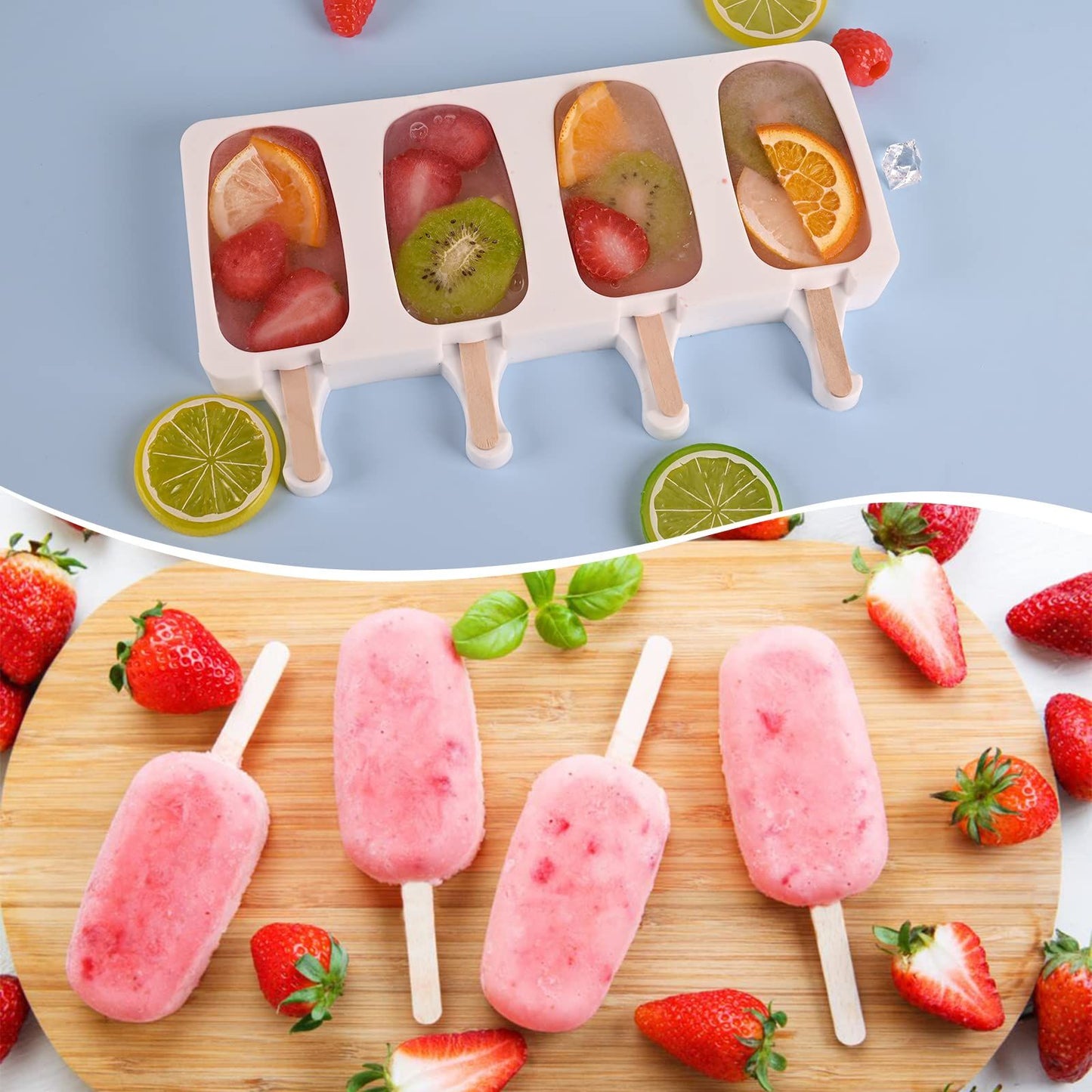 Popsicle Silicone Molds Set, 2 PCS Ice Cream Molds with 50 Wooden Sticks for Cake Pop, Ice Pop, Cakesicles, (Standard Size/White)