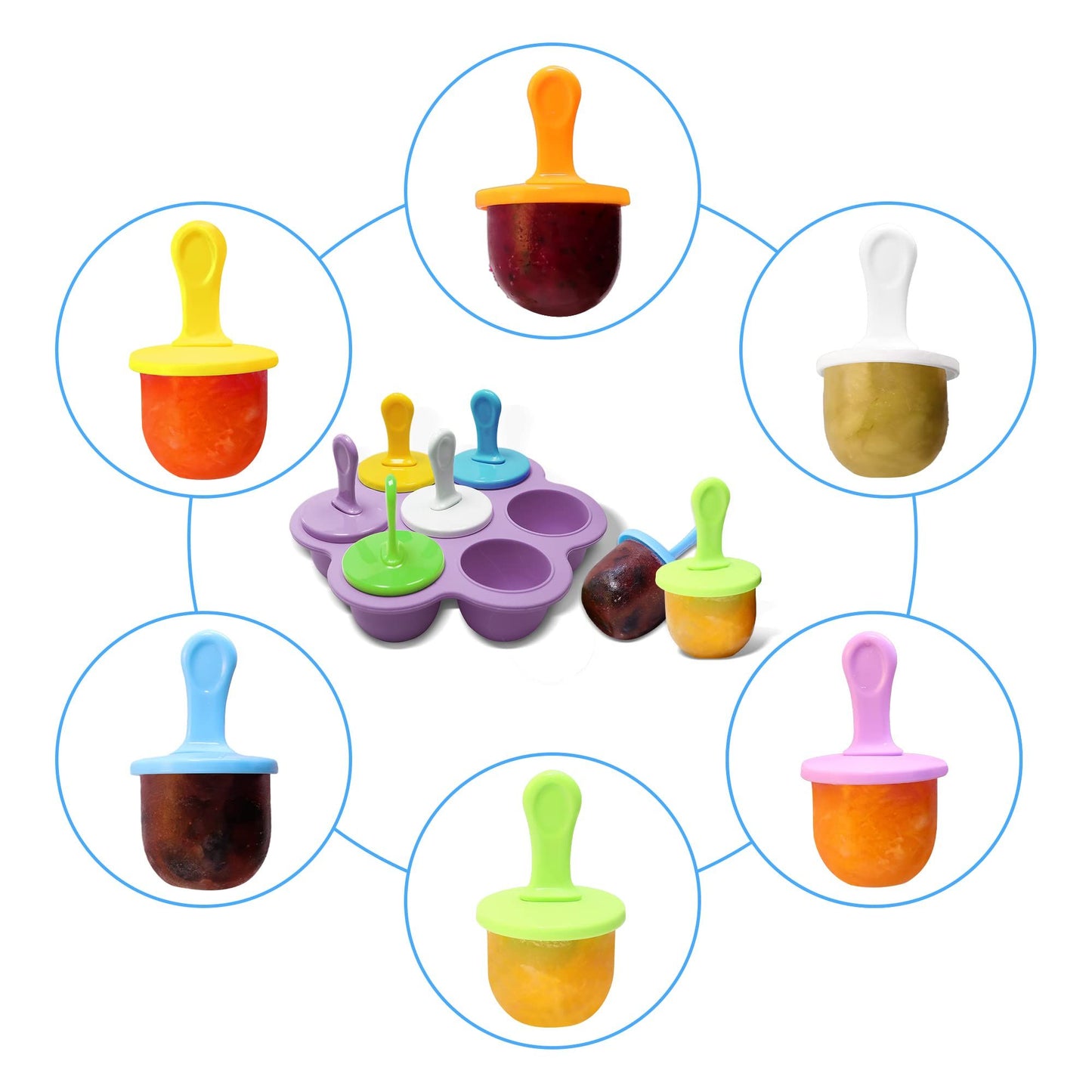 Silicone Popsicle Molds 7-cavity DIY Ice Pop Mold with Colorful Sticks For egg biting ice cream molds baby food storage (Purple)