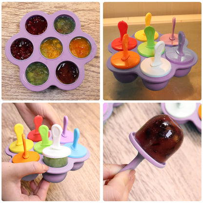 Silicone Popsicle Molds 7-cavity DIY Ice Pop Mold with Colorful Sticks For egg biting ice cream molds baby food storage (Purple)
