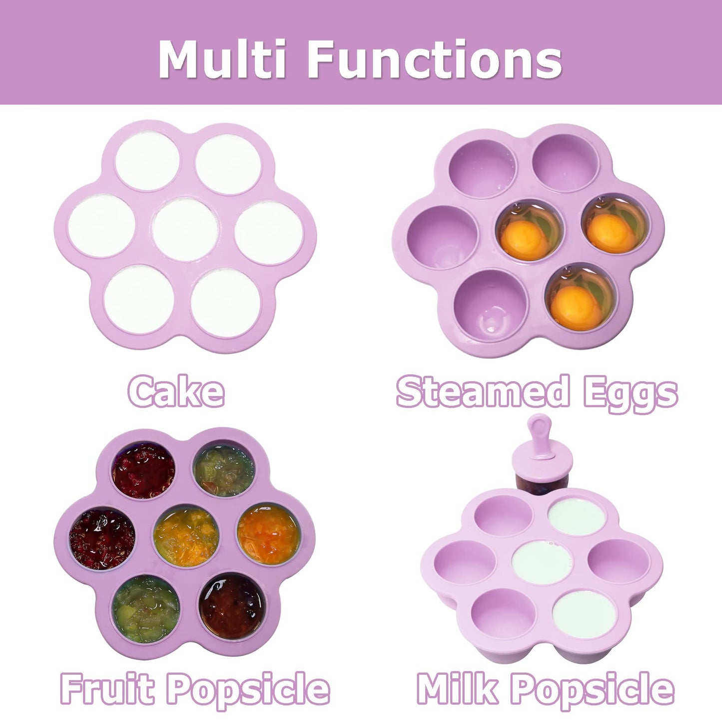 Silicone Popsicle Molds 7-cavity DIY Ice Pop Mold with Colorful Sticks For egg biting ice cream molds baby food storage (Purple)